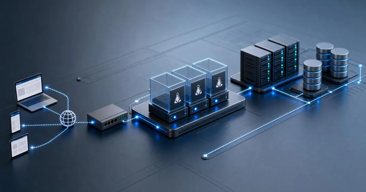 Veri merkezi altyapısını temsil eden sade bir Linux sanal sunucu görseli