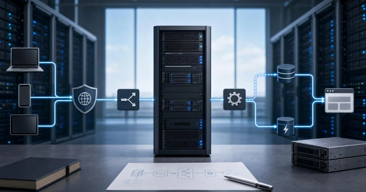Linux VDS seçimini temsil eden sunucu, ağ ve depolama odaklı altyapı illüstrasyonu