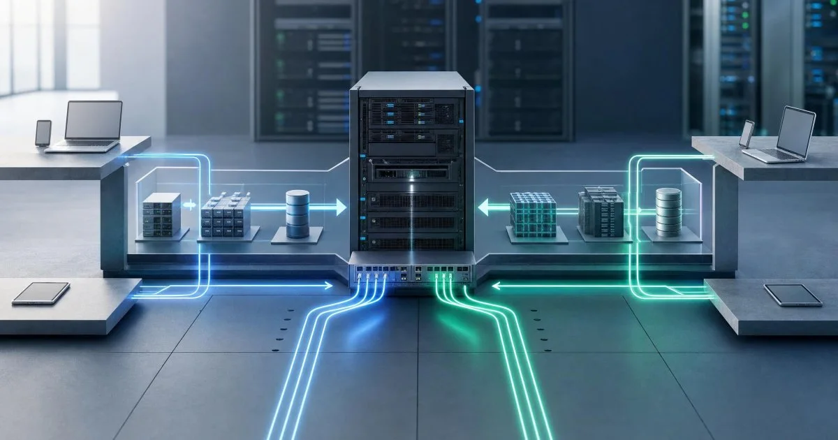 10G ağ bağlantısını temsil eden sade bir sunucu ve veri akışı illüstrasyonu